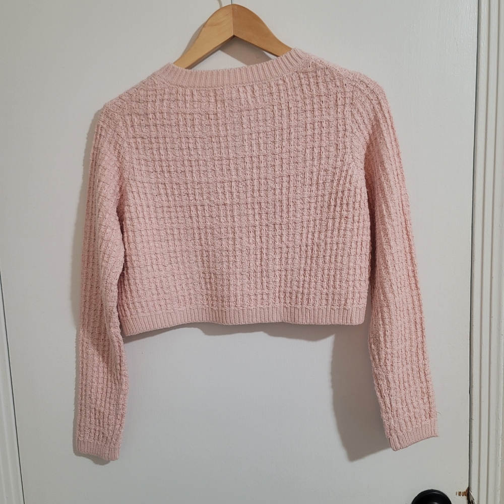 Jessica Simpson Pink Textured Knit Pearl Button Cropped Cardigan Sweater Jacket - Picture 4 of 6